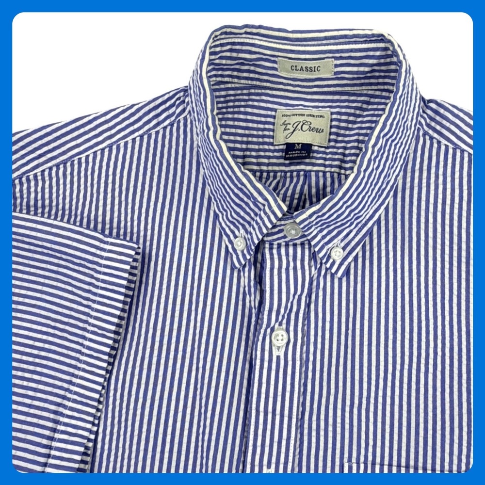 J.Crew Seersucker Button Down Shirt Men Medium Blue White Cotton Striped G4788